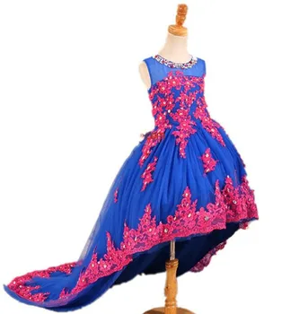 Albastru Fata Rochie de Flori Roz, cu Aplicatii Pur Gât O Rochie de Bal Formale Concurs Poartă Copiii Vestidos de Petrecere Copil