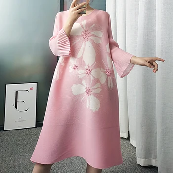 FIERBINTE de VÂNZARE Miyake moda ori tipărite lared mâneci O-GÂT conservatie O-Linie rochie IN STOC