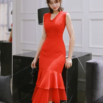 2018 Solidă Rochie Sirena Femei Roșu de Vară fără Mâneci Rezervor V-neck Șifon de Epocă Partid Rochie de Club Elegant-coreean Doamnelor Rochii