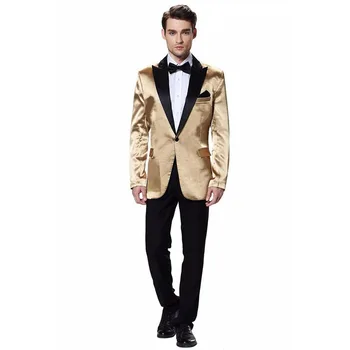 ANNIEBRITNEY Gold Satin se Potrivesc Subțire pentru Bărbați Costum Cu Pantaloni Negri Personalizat 2 Bucata Nunta Mire Smoching High End Bal Nunta Costum Bărbați
