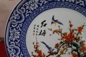 Rafinat Chineză Manopera Clasic Albastru și Alb Farfurie de Portelan,Pictate cu Roșu, Prune și Păsări