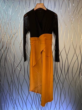 2021 noua moda pentru femei V-neck perspectivă de potrivire de culoare cusaturi de decor cu mâneci lungi neregulate rochie 915