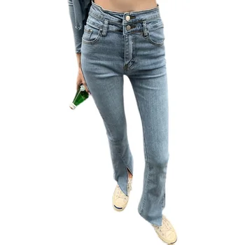 Coreeană Blugi De Moda Simplu Înaltă Talie Pantaloni Buton Dublu Leggings Stretch Slim Jeans