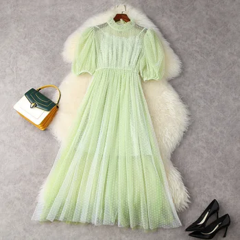 Europa și Statele Unite ale americii femei haine Noi de Vara 2021 Cinci sfert maneca Modă polka dot mesh rochie verde