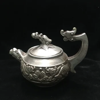 Antic MingDynasty lucrate Manual din argint în Relief dragon ceainic / ulcior,sculptat manual meserii,cel mai bun de colectare& podoabă