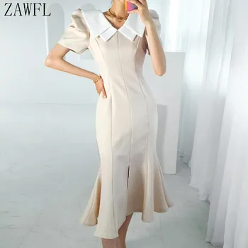 ZAWFL coreean Subțire Talie Mare Rever Elegant Split Mermaid Rochie de Moda pentru Femei de Contrast Sexy Trompeta Bodycon Vestidos