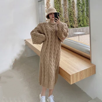 Rochie Dulce Temperament-Coreean O-Gât Tricotate Poftă De Mâncare Rochie Pulover Femei 2022 Toamna Anului Nou Vrac Verde Drept Regina Îmbrăcăminte
