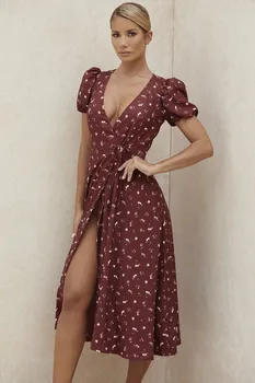 2021 Toamna Rochie de Femei de Moda Elegant Florale Dantela-up Print V-neck Sexy Split Retro Casual de Partid Și de Vițel Dulce Stil Tineri