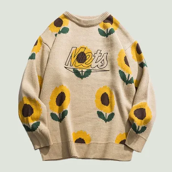 Vintage Floarea Soarelui Pulovere Barbati de Moda Streetwear Harajuku Casual, O-neck Pulover Supradimensionat Pulover Unisex Topuri Haine