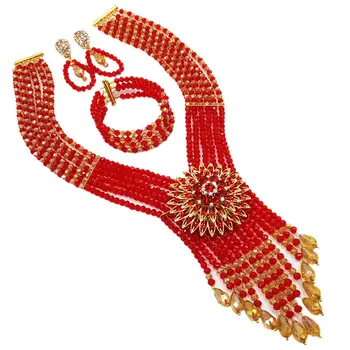 în moda roșu și aur ab nigerian nunta africane colier set de bijuterii de cristal margele bijuterii set 6SDLS-06