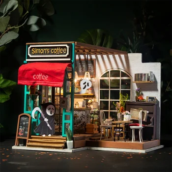 DIY din Lemn in Miniatura casă de Păpuși a lui Simon Magazin de Cafea Parte Aassembled Casă de Păpuși, Cu Mobilier Kit de Jucarii Pentru Copii Cadou de Ziua de nastere