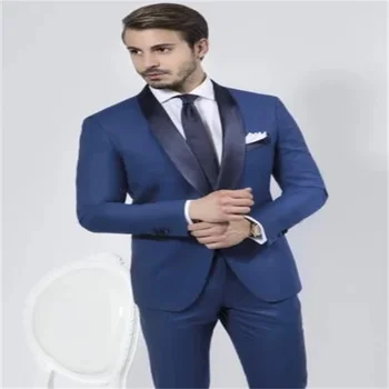 2021 mai Recente Albastru Guler Șal Costum Barbati Personalizate Formale Birou de Afaceri Smoking Slim 2-Bucata Costum [Sacou+Pantaloni+Cravata+Batista]